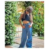 Rolanko Girls Baggy Jeans Elastic Wide Leg Denim Pants Plaid Loose Trousers Kids Clothes (Checkerboard, 10-11) - Retail: $25