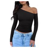 REORIA Womens Trendy Long Sleeve Shirts Double Lined Casual Slim Fitted Tee Y2K 2026 Fall Going Out Off The Shoulder Tops Black Medium  - Retail: $20