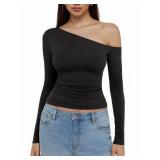 REORIA Womens Trendy Long Sleeve Shirts Double Lined Casual Slim Fitted Tee Y2K 2026 Fall Going Out Off The Shoulder Tops Black Medium  - Retail: $20
