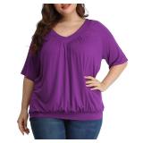 andy & natalie Women's Plus Size Tops Pleated V Neck Loose Baggy Blouse T Shirts PURPLE 3XL - Retail: $24