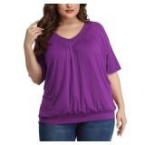 andy & natalie Women's Plus Size Tops Pleated V Neck Loose Baggy Blouse T Shirts PURPLE 3XL - Retail: $24