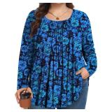 MUSE SHOW Plus Size Tops for Women Fall Long Sleeve Shirts Blouses Flowy Loose Fit Blue Printing 2x