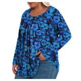 MUSE SHOW Plus Size Tops for Women Fall Long Sleeve Shirts Blouses Flowy Loose Fit Blue Printing 2x