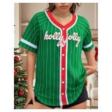 Christmas Baseball Jersey Women Holly Jolly Shirts Retro Xmas Shirt Winter Casual Short Sleeve Tee Holiday Tops Green XXL