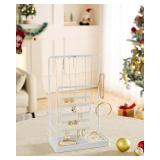 Lolalet Jewelry Organizer Stand, No Assembly Needed Display Storage with Rotating Earring Holder for Necklace Bracelet Rings, Galentines Valentines Gifts Room Dorm Decor for Women Girls -White