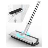 Floor Scrub Brush with Long Handle, 3 in 1 Scrape and Heavy-Duty Stiff Bristle Floor Scrubber Brush with Squeegee and Tweezer for Cleaning Tile Wall Deck Bathroom Patio Garage Kitchen (White)