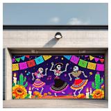 IVN Day of the Dead Garage Door Banner 13x6ft Dancing Skeletons Marigolds Papel Picado Cactus Music Notes Halloween Dia de los Muertos Outdoor Indoor Decoration for Porch or Party