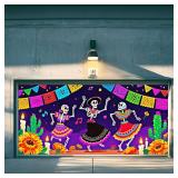 IVN Day of the Dead Garage Door Banner 13x6ft Dancing Skeletons Marigolds Papel Picado Cactus Music Notes Halloween Dia de los Muertos Outdoor Indoor Decoration for Porch or Party