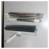 Floor Scrub Brush with Long Handle, 3 in 1 Scrape and Heavy-Duty Stiff Bristle Floor Scrubber Brush with Squeegee and Tweezer for Cleaning Tile Wall Deck Bathroom Patio Garage Kitchen (White)