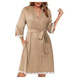 Ekouaer Women Kimono Robe 3/4 Sleeves Loungewear Dress Knee Length Sleepwear Pockets Housecoat Short Bathrobe SIZE S