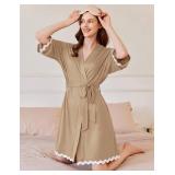 Ekouaer Women Kimono Robe 3/4 Sleeves Loungewear Dress Knee Length Sleepwear Pockets Housecoat Short Bathrobe SIZE S