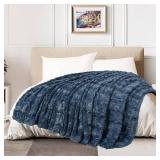 TOONOW Faux Fur Luxury Throw Blanket,Double Side Soft Fluffy Shaggy Fuzzy Blanket for Couch Sofa Bed (Navy, X-Large Twin Size)