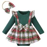 Baby Girl Clothes Sets: 2 Piece Long Sleeve Top Plaid Romper with Headband Fall Winter Outfit for Infant 9-12 Months