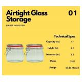 Set of 2 airtight wide mouth glass jar with lid 17oz 0.5 liter Clear Glass Kitchen, Pantry Organizer. Keep your food, grains coffee, tea, cookies and candies dry, fresh. (Oval PC11002-F)