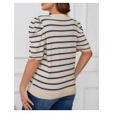 Beautife Womens Plus Size Short Puff Sleeve Sweater Tops Lightweight Striped T Shirts Summer Casual Crew Neck Knit Pullover Size XL