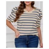 Beautife Womens Plus Size Short Puff Sleeve Sweater Tops Lightweight Striped T Shirts Summer Casual Crew Neck Knit Pullover Size XL