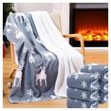 Buryeah 6 Pack Sherpa Fleece Christmas Throw Blankets Double-Layer Fabric Soft 50 x 60 Inch Holiday Blanket Bulk with Santa Claus Reindeer Snowman Xmas Tree Print for Couch Sofa Decor (Gray Deer)