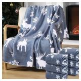 Buryeah 6 Pack Sherpa Fleece Christmas Throw Blankets Double-Layer Fabric Soft 50 x 60 Inch Holiday Blanket Bulk with Santa Claus Reindeer Snowman Xmas Tree Print for Couch Sofa Decor (Gray Deer)