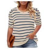 Beautife Womens Plus Size Short Puff Sleeve Sweater Tops Lightweight Striped T Shirts Summer Casual Crew Neck Knit Pullover Size XL