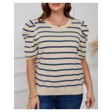 Beautife Womens Plus Size Short Puff Sleeve Sweater Tops Lightweight Striped T Shirts Summer Casual Crew Neck Knit Pullover Size XL