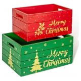 Red Co. Set of 2 Red and Green Decorative Nesting Wooden Merry Christmas Storage Crate Organizers with Golden Lettering