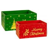 Red Co. Set of 2 Red and Green Decorative Nesting Wooden Merry Christmas Storage Crate Organizers with Golden Lettering