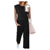 CHICZONE Two Piece Summer Sets for Women Casual Travel Vacation Outfits Wide Leg Crop Pants Lounge Sets Size XL