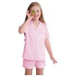 Veseacky Big Girls Summer Pajamas Set-100% Cotton Loungewear Cute Nighty Short Sleeve and Pant Sleepwear Light Pink 10-11 Years
