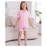 Veseacky Big Girls Summer Pajamas Set-100% Cotton Loungewear Cute Nighty Short Sleeve and Pant Sleepwear Light Pink 10-11 Years