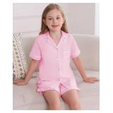 Veseacky Big Girls Summer Pajamas Set-100% Cotton Loungewear Cute Nighty Short Sleeve and Pant Sleepwear Light Pink 10-11 Years