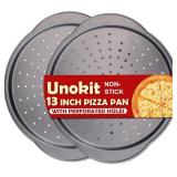 Unokit Pizza Pan for Oven - 13' 2PCS Round Carbon Steel Pizza Pan, Non-Stick Pizza Tray with Perforated Holes and Grip Handles, Dishwasher Safe, Grey