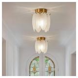 2 Packs Gold Semi Flush Mount Ceiling Light Fixtures Glass Vintage Hallway Light Fixture, Indoor Close to Ceiling Lamp for Hallway Entryway Kitchen, Bulb Not Included (Feather)