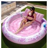 SLOOSH Inflatable Tanning Pool Lounger Float, 72' x 56' Pool Floats Adult with Pillow, 4 in 1 Round Suntan Tub Raft Floatie,Sunbathing Bed Lounge for Water Blow Up Ball Pit Party Gifts, Pink