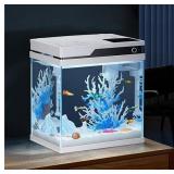 PONDON Smart Fish Tank 4 Gallon, Small Beta Fish Aquariums Startar Kit with Automatic Feeder, Glass Betta Tank with Filter and Light (4-Gal White)