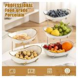 HOMKULA Ceramic Fruit Bowl for Kitchen Counter - 3 Tier Fruit Basket with Metal Stand, Tiered Fruit Stand for Countertop, Snack, Nuts, Cake, Dessert, Cute (Silver-rimmed, Small) HOMKULA Ceramic Fruit Bowl for Kitchen Counter - 3 Tier Fruit Basket with Metal Stand, Tiered Fruit Stand for Countertop, Snack, Nuts, Cake, Dessert, Cute (Silver-rimmed, Small)