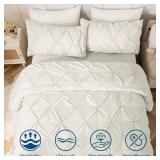 JOLLYVOGUE Queen Comforter Set 7 Pieces - Bed in a Bag Queen for All Season, Pintuck Bedding Comforter Sets with Comforter, Flat Sheet, Fitted Sheet and Pillowcases & Shams, Ivory JOLLYVOGUE Queen Comforter Set 7 Pieces - Bed in a Bag Queen for All Season, Pintuck Bedding Comforter Sets with Comforter, Flat Sheet, Fitted Sheet and Pillowcases & Shams, Ivory