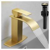Hoimpro Brushed Gold Waterfall Spout Single Hole Bathroom Faucet, Stainless Steel Single Lever Bathroom Vanity Sink Faucet with Drain, cUPC Hose and Deck Plate Hoimpro Brushed Gold Waterfall Spout Single Hole Bathroom Faucet, Stainless Steel Single Lever Bathroom Vanity Sink Faucet with Drain, cUPC Hose and Deck Plate