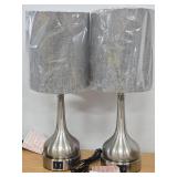 Touch Control Bedside Lamp Set of 2 with Dual Usb and AC Outlets- Silver/Grey WORKS DENTED, SEE PICTURES, WORKS, LIGHT BULBS NOT INCLUDED