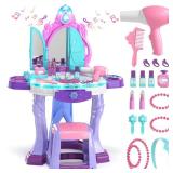 Lehoo Castle Kids Vanity Table and Chair Set, Makeup Table with Mirror Stool Lights Music
