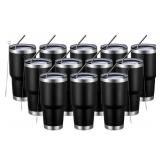 30oz Insulated Tumbler With Lids and Straws,Stainless Steel Double Vacuum Coffee Tumbler Cup, Brush, Durable Powder Coated Coffee Cup for Cold & Hot Drinks, Office, Travel(Black,12 PACK) - Retail: $95