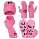 4 Pcs Winter Warm Set for Women Knitted Beanie Scarf Gloves Fuzzy Slipper Socks Sloth Christmas Funny Gift Set(Horse)