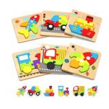 Wooden Toddler Puzzles Gifts Toys, 6 Vehicle Shape Montessori Toys Educational Blocks