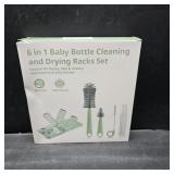 Bottle Brush Set -Baby Travel Essential-6 in 1 Bottle Cleaner Kit with Silicone Bottle Brush,Nipple Cleaner Brush,Straw Brush,Soap Dispenser,Storage Box,Bottle Drying Rack for Home and Travel(Green)