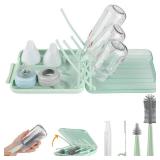Bottle Brush Set -Baby Travel Essential-6 in 1 Bottle Cleaner Kit with Silicone Bottle Brush,Nipple Cleaner Brush,Straw Brush,Soap Dispenser,Storage Box,Bottle Drying Rack for Home and Travel(Green)