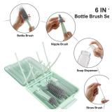Bottle Brush Set -Baby Travel Essential-6 in 1 Bottle Cleaner Kit with Silicone Bottle Brush,Nipple Cleaner Brush,Straw Brush,Soap Dispenser,Storage Box,Bottle Drying Rack for Home and Travel(Green)
