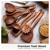 Wooden Spoons for Cooking, 12 Pcs Wooden Cooking Utensils Set with Holder and Spoon Rest   Wooden Utensil Set for Nonstick Pans & Cookware   Teak Wood   Durable, Lightweight & Heat Resistant