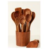 Wooden Spoons for Cooking, 12 Pcs Wooden Cooking Utensils Set with Holder and Spoon Rest   Wooden Utensil Set for Nonstick Pans & Cookware   Teak Wood   Durable, Lightweight & Heat Resistant