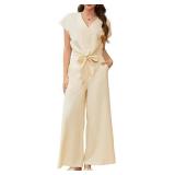 Dressystar Women's Summer 2 Piece Outfits Casual V Neck Crop Tops Wide Leg Pants Set Cap Sleeve Tracksuit Lounge Travel Sets XL