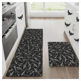 2 Set of Halloween Kitchen Mat 20x60 and 20x30 Inch Black Dancing Skeleton Kitchen Rug Non-Slip Washable Rug for Halloween Home Decor