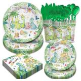 168Pcs Watercolor Dinosaur Decorations - Dinosaur Theme Birthday Party Supplies Includes Plates Cups Napkins Cutlery Tableware for Boys Baby Shower | Serves 24